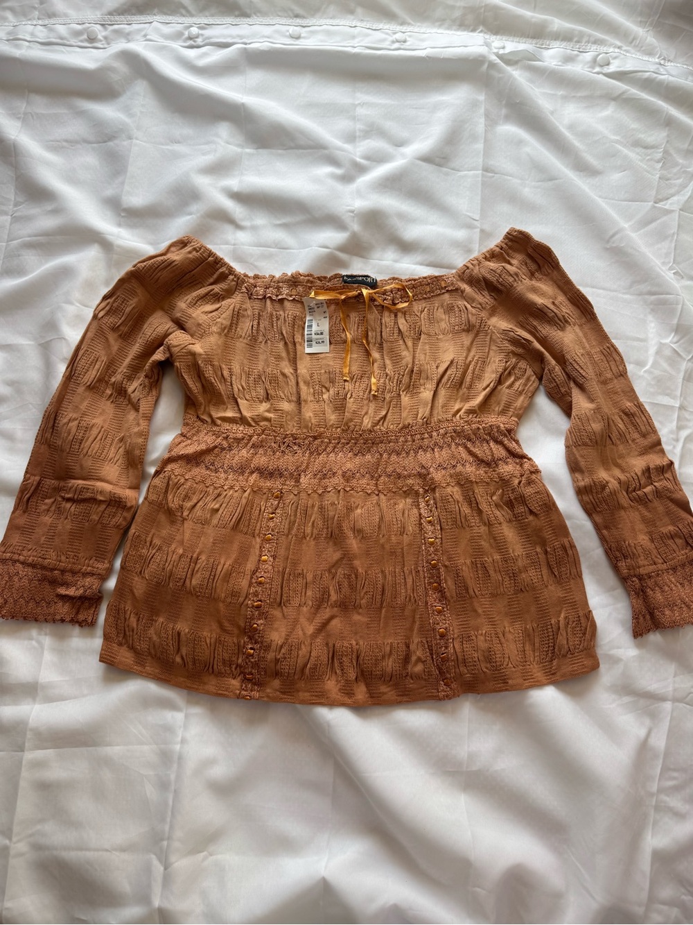 Passport Brown Off-Shoulder Smocked Peasant Tunic